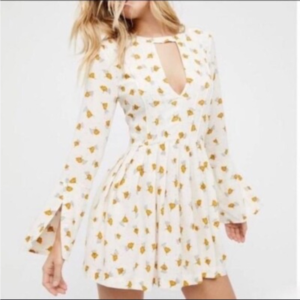 Free People Cream and Yellow Floral Long Sleeve Dress